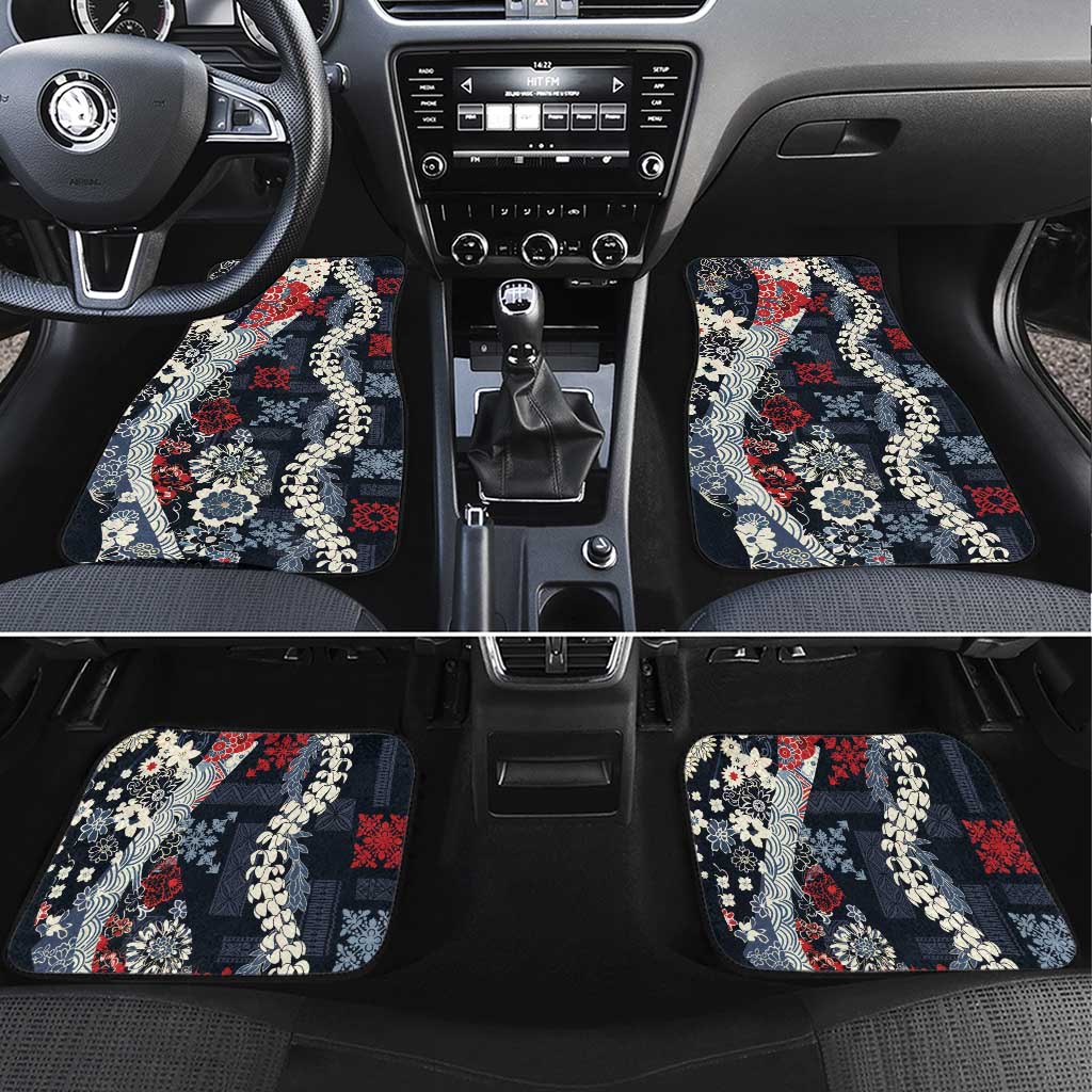 Hawaii Puakenikeni and Maile Lei Car Mats Navy Blue Japanese Wave Style - Polynesian Pride