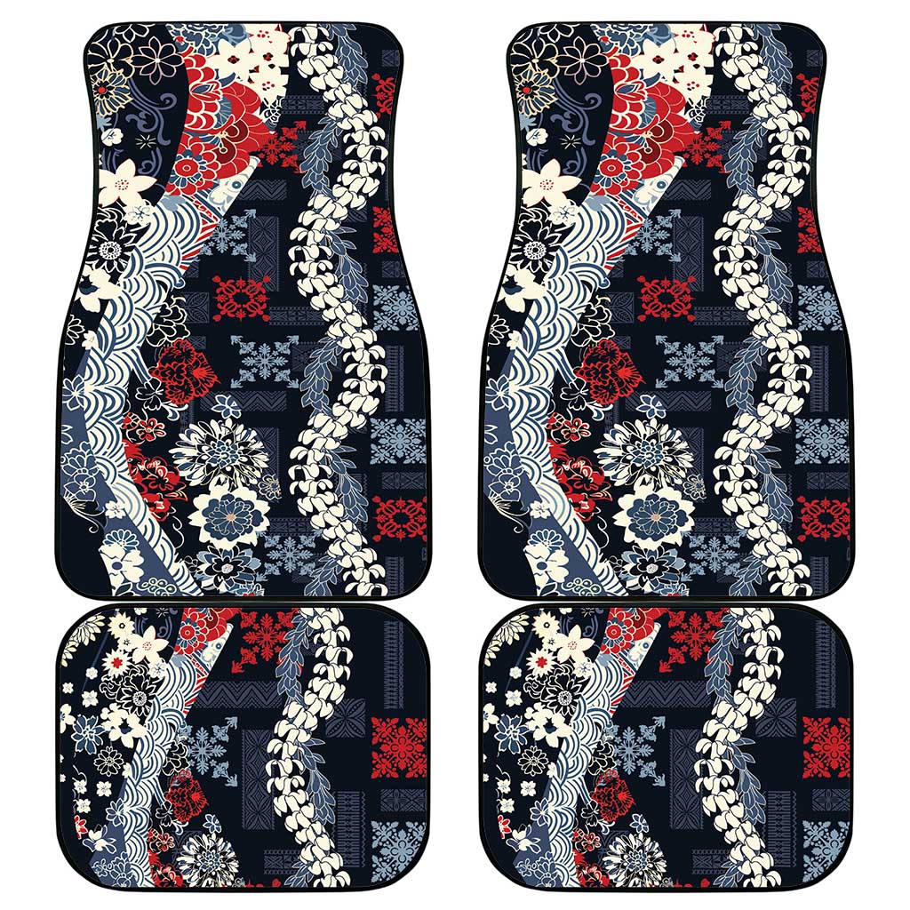 Hawaii Puakenikeni and Maile Lei Car Mats Navy Blue Japanese Wave Style - Polynesian Pride