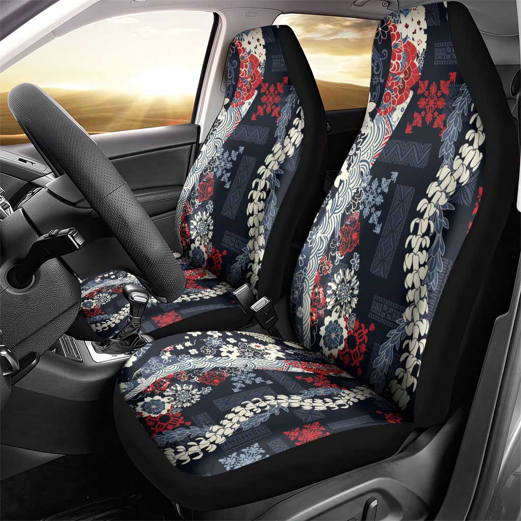 Hawaii Puakenikeni and Maile Lei Car Seat Cover Navy Blue Japanese Wave Style - Polynesian Pride
