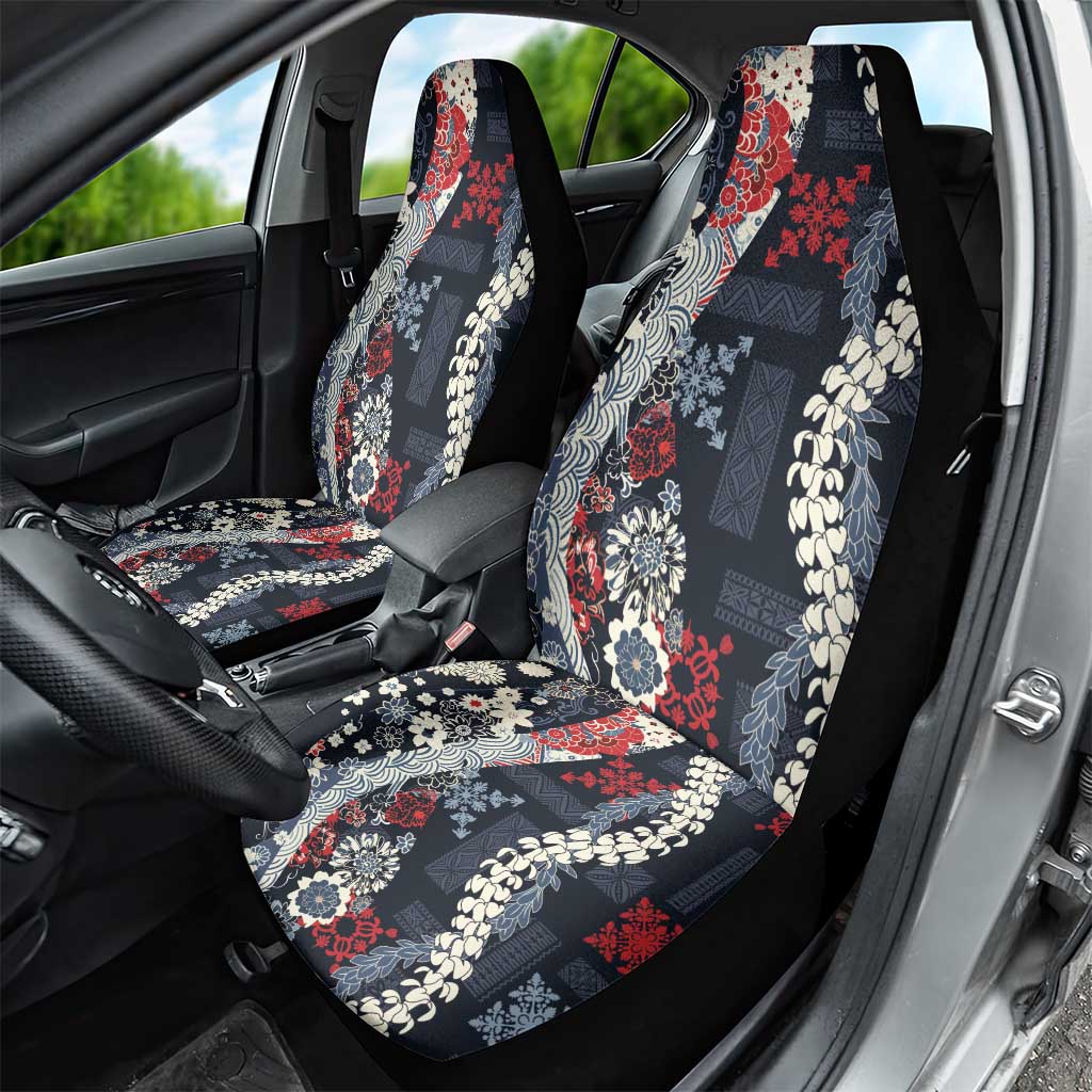 Hawaii Puakenikeni and Maile Lei Car Seat Cover Navy Blue Japanese Wave Style - Polynesian Pride