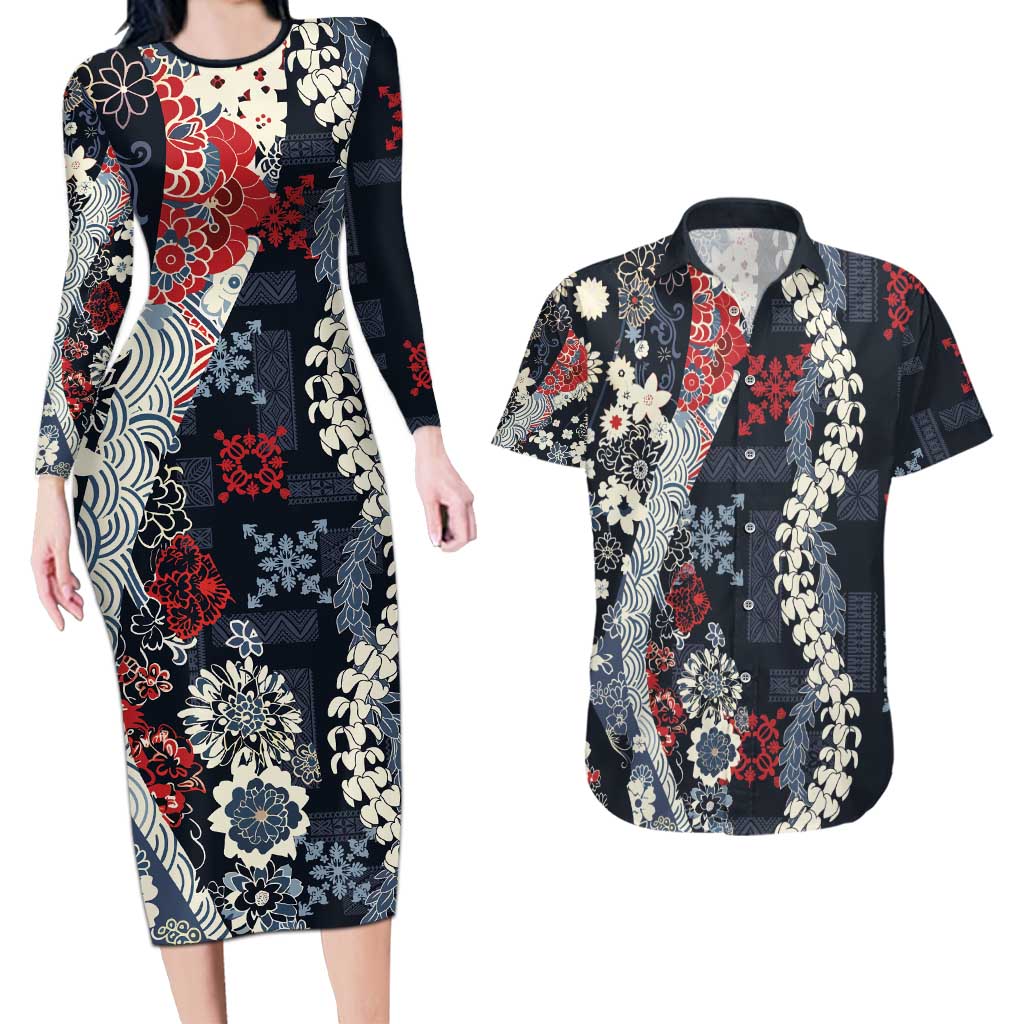 Hawaii Puakenikeni and Maile Lei Couples Matching Long Sleeve Bodycon Dress and Hawaiian Shirt Navy Blue Japanese Wave Style - Polynesian Pride