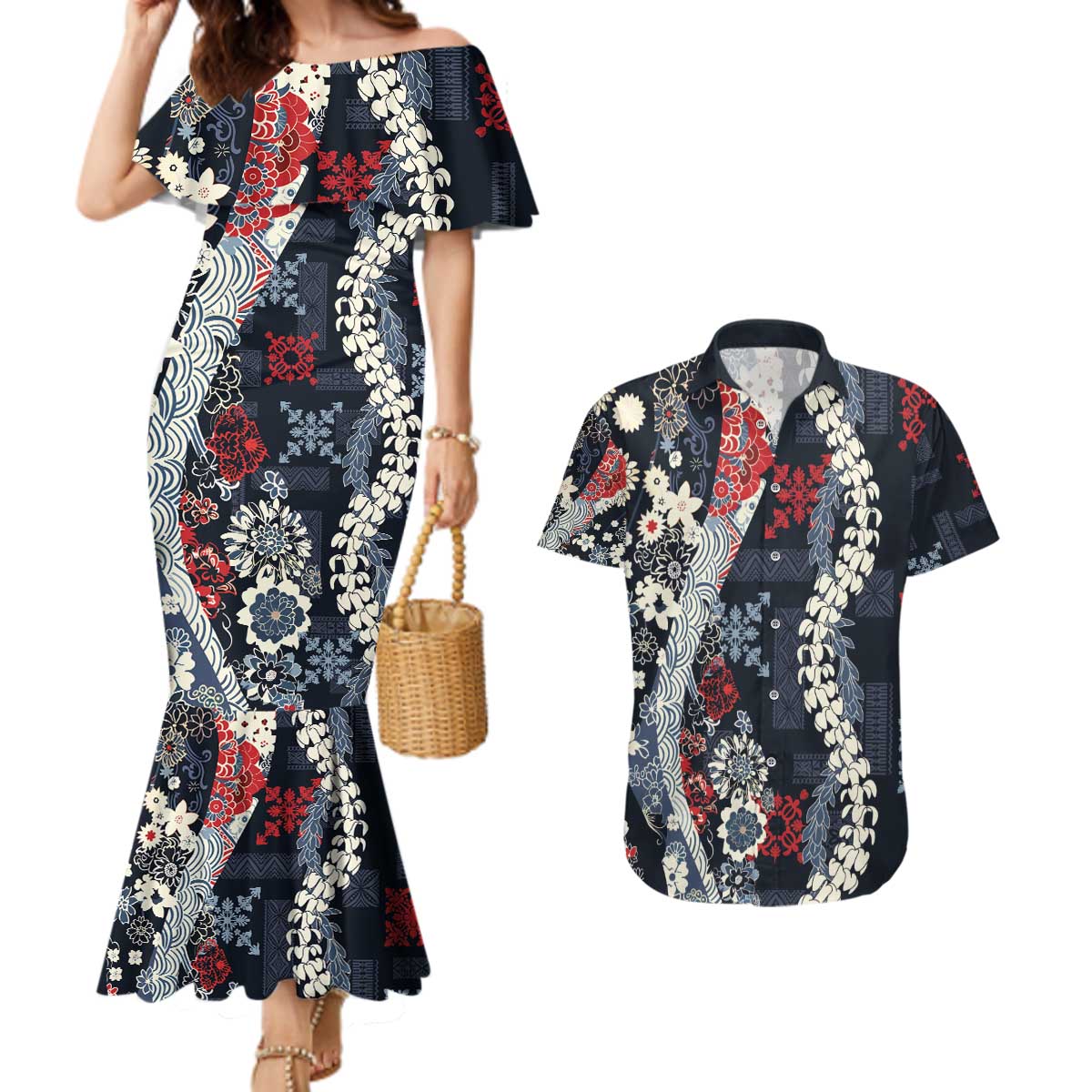 Hawaii Puakenikeni and Maile Lei Couples Matching Mermaid Dress and Hawaiian Shirt Navy Blue Japanese Wave Style - Polynesian Pride