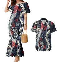 Hawaii Puakenikeni and Maile Lei Couples Matching Mermaid Dress and Hawaiian Shirt Navy Blue Japanese Wave Style - Polynesian Pride