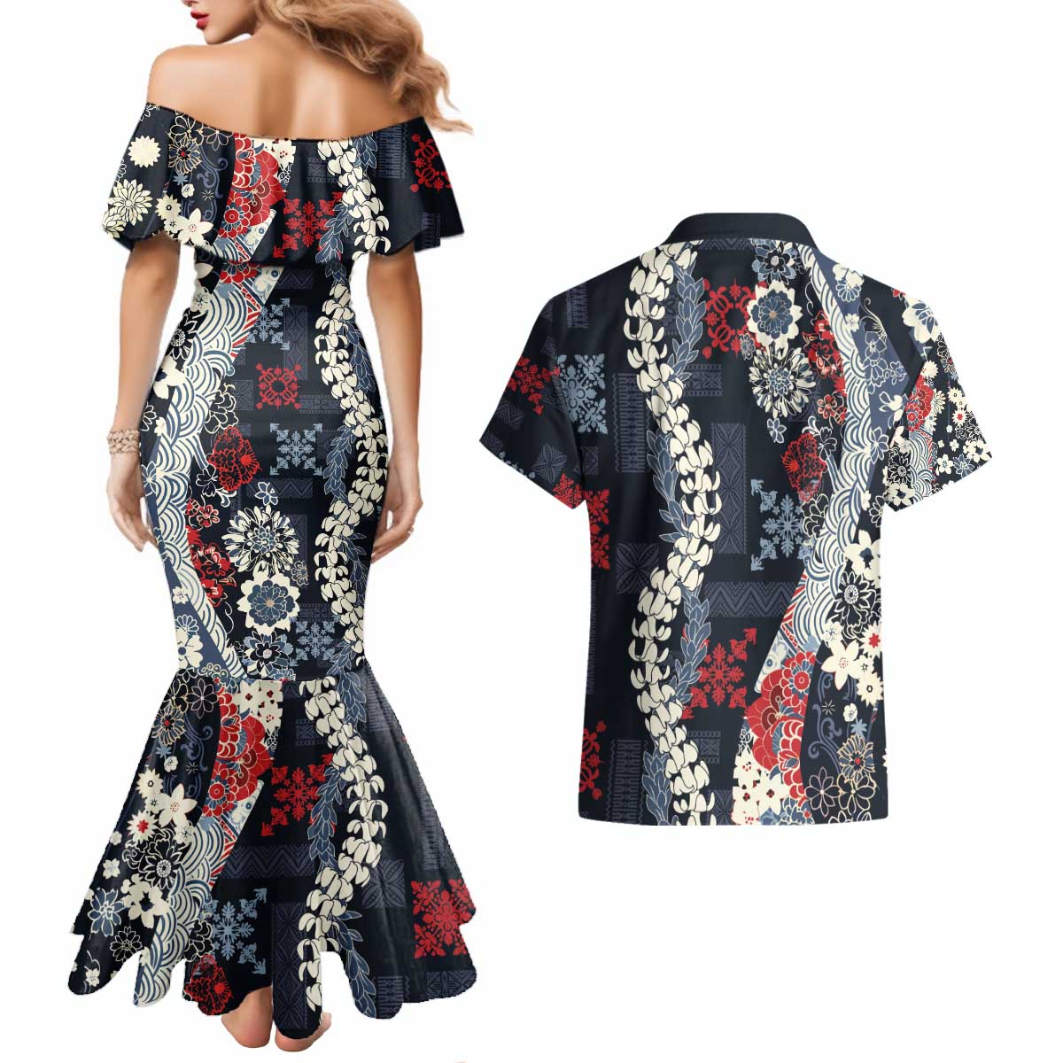 Hawaii Puakenikeni and Maile Lei Couples Matching Mermaid Dress and Hawaiian Shirt Navy Blue Japanese Wave Style - Polynesian Pride