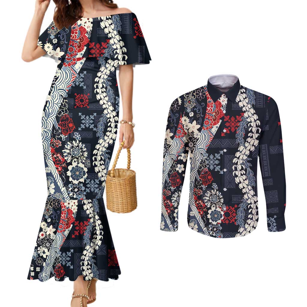 Hawaii Puakenikeni and Maile Lei Couples Matching Mermaid Dress and Long Sleeve Button Shirt Navy Blue Japanese Wave Style - Polynesian Pride
