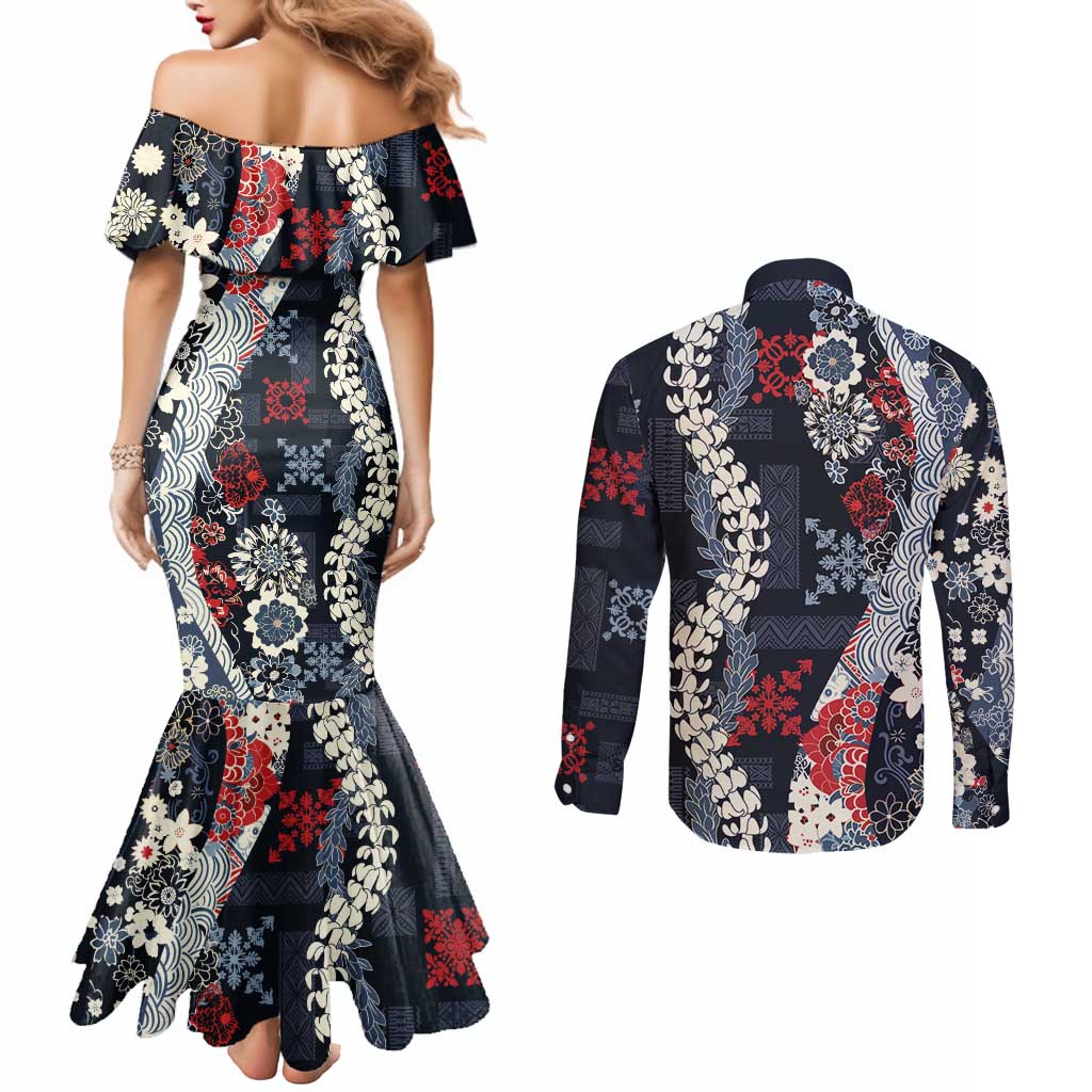 Hawaii Puakenikeni and Maile Lei Couples Matching Mermaid Dress and Long Sleeve Button Shirt Navy Blue Japanese Wave Style - Polynesian Pride