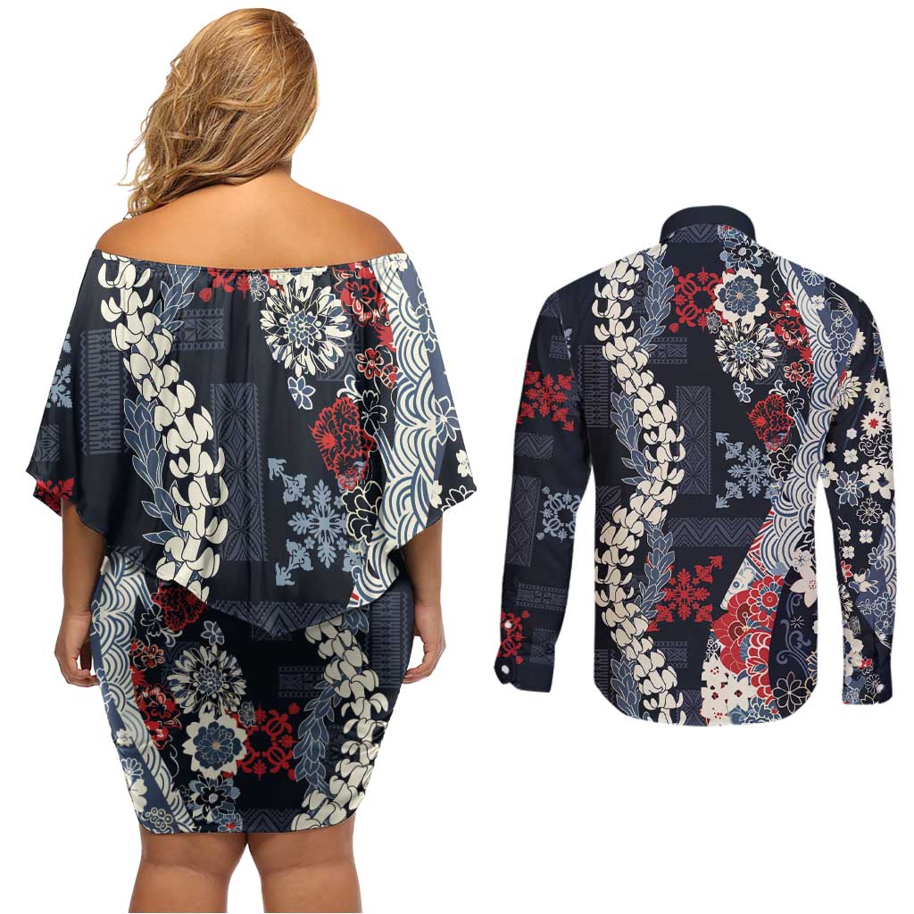 Hawaii Puakenikeni and Maile Lei Couples Matching Off Shoulder Short Dress and Long Sleeve Button Shirt Navy Blue Japanese Wave Style LT9 - Polynesian Pride