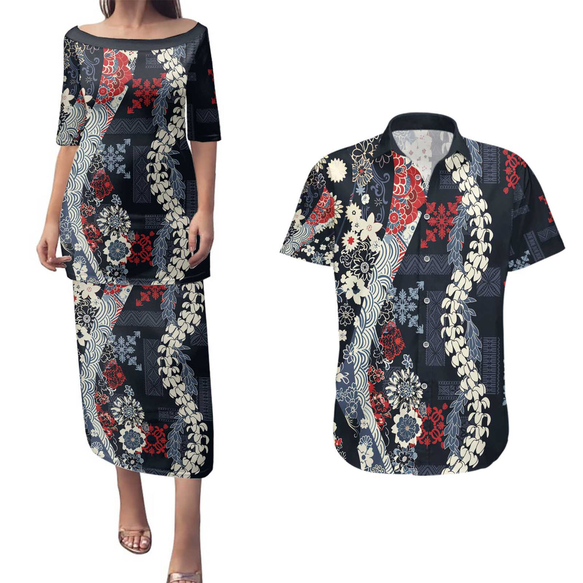 Hawaii Puakenikeni and Maile Lei Couples Matching Puletasi and Hawaiian Shirt Navy Blue Japanese Wave Style - Polynesian Pride