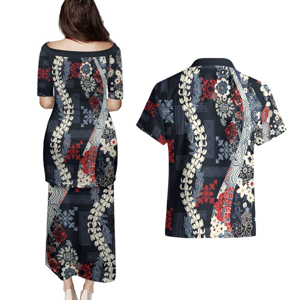 Hawaii Puakenikeni and Maile Lei Couples Matching Puletasi and Hawaiian Shirt Navy Blue Japanese Wave Style - Polynesian Pride