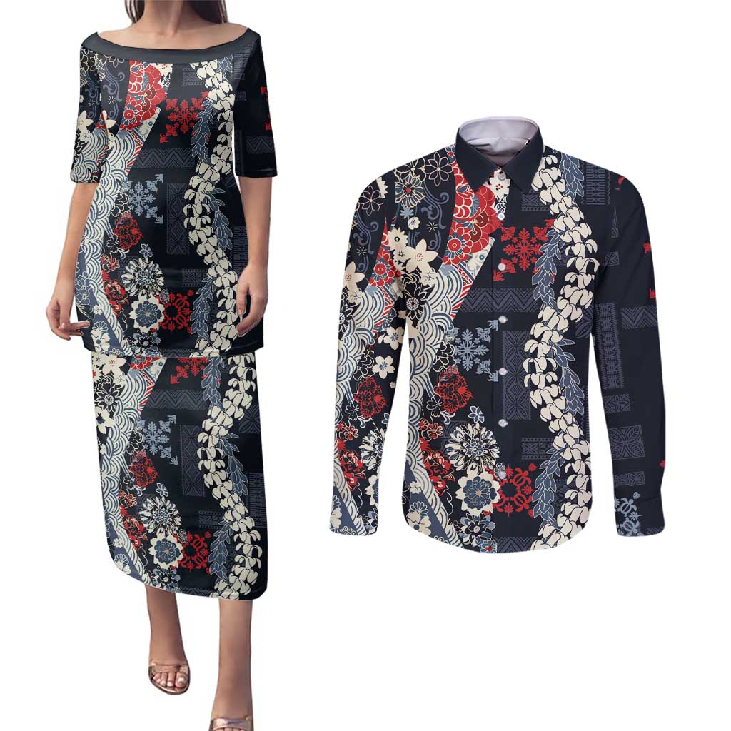Hawaii Puakenikeni and Maile Lei Couples Matching Puletasi and Long Sleeve Button Shirt Navy Blue Japanese Wave Style - Polynesian Pride