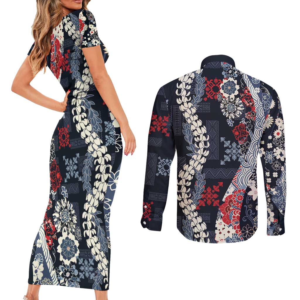 Hawaii Puakenikeni and Maile Lei Couples Matching Short Sleeve Bodycon Dress and Long Sleeve Button Shirt Navy Blue Japanese Wave Style - Polynesian Pride