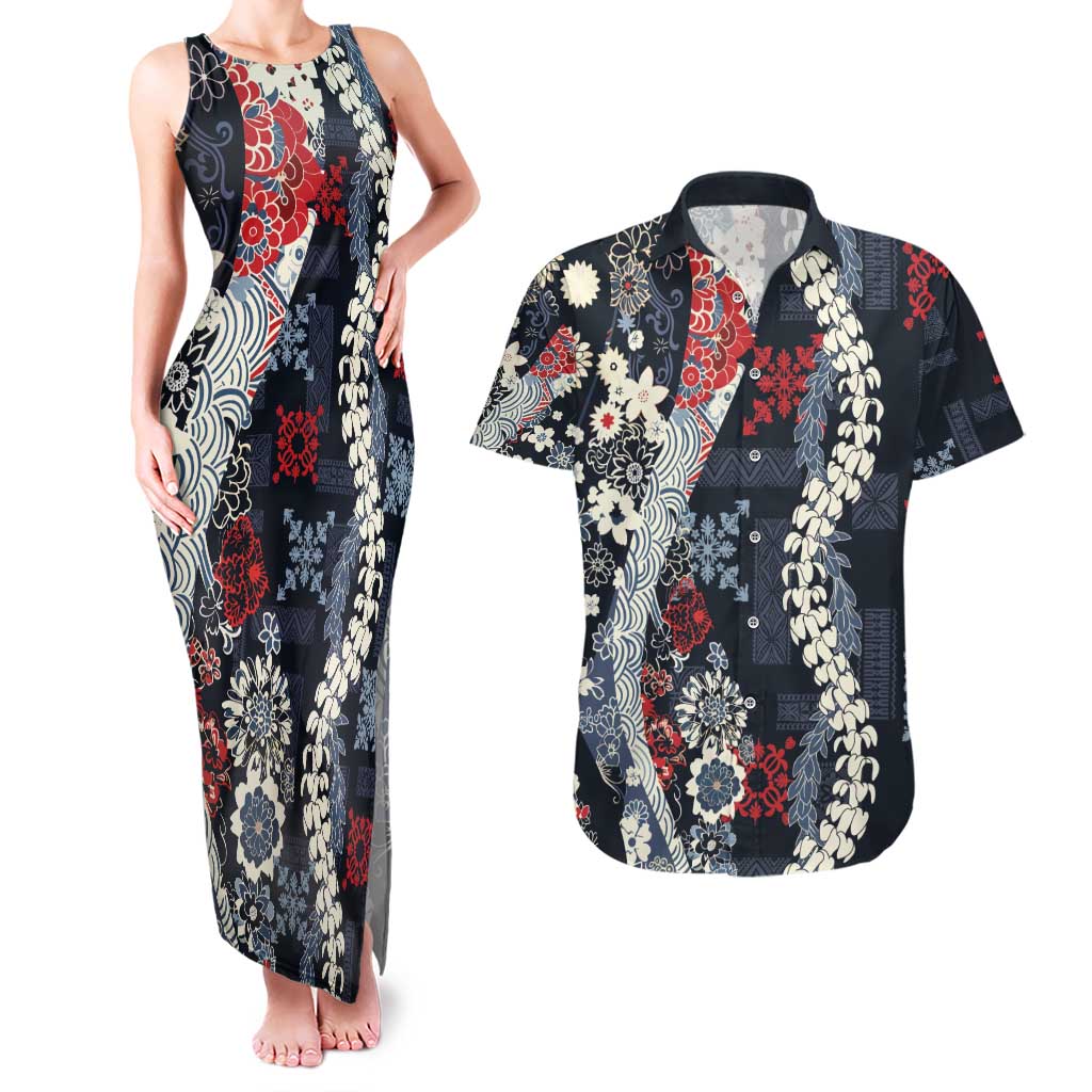 Hawaii Puakenikeni and Maile Lei Couples Matching Tank Maxi Dress and Hawaiian Shirt Navy Blue Japanese Wave Style - Polynesian Pride