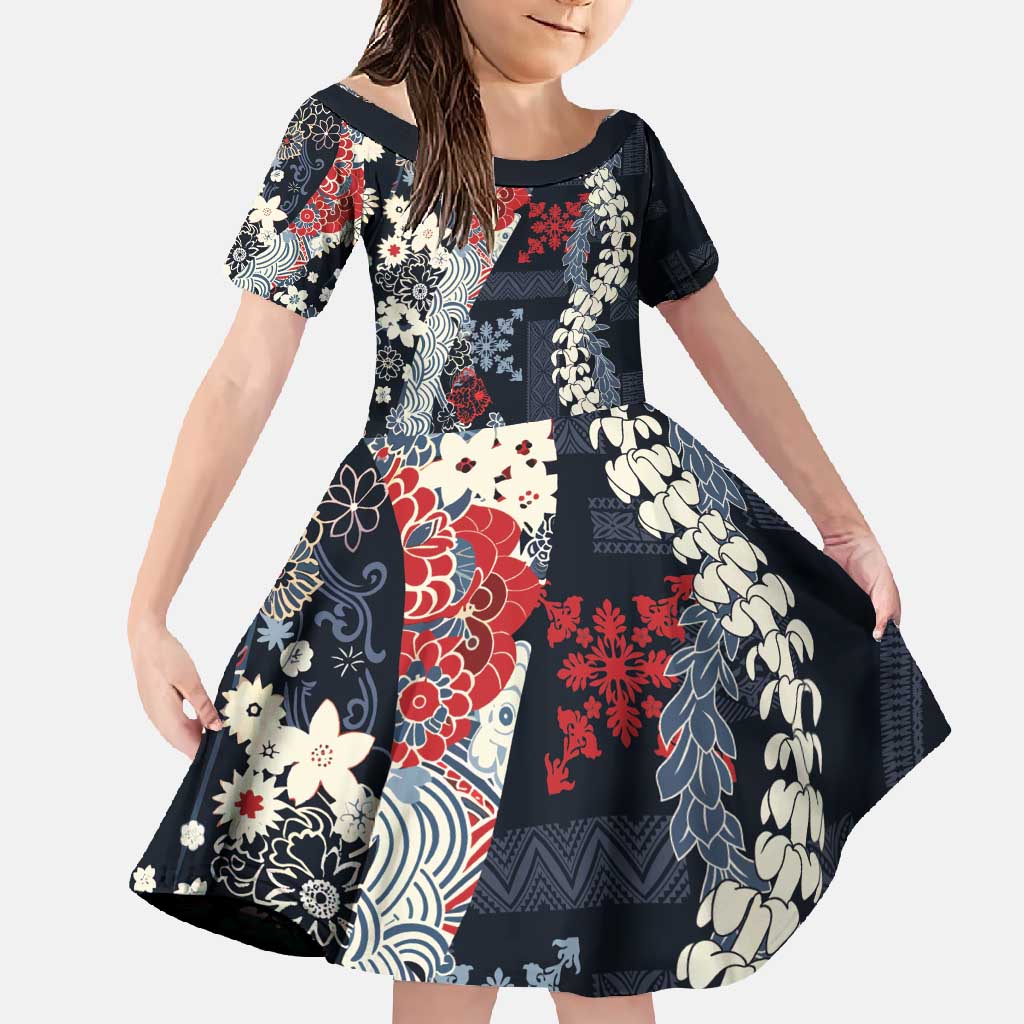 Hawaii Puakenikeni and Maile Lei Family Matching Long Sleeve Bodycon Dress and Hawaiian Shirt Navy Blue Japanese Wave Style - Polynesian Pride