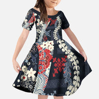 Hawaii Puakenikeni and Maile Lei Family Matching Long Sleeve Bodycon Dress and Hawaiian Shirt Navy Blue Japanese Wave Style - Polynesian Pride