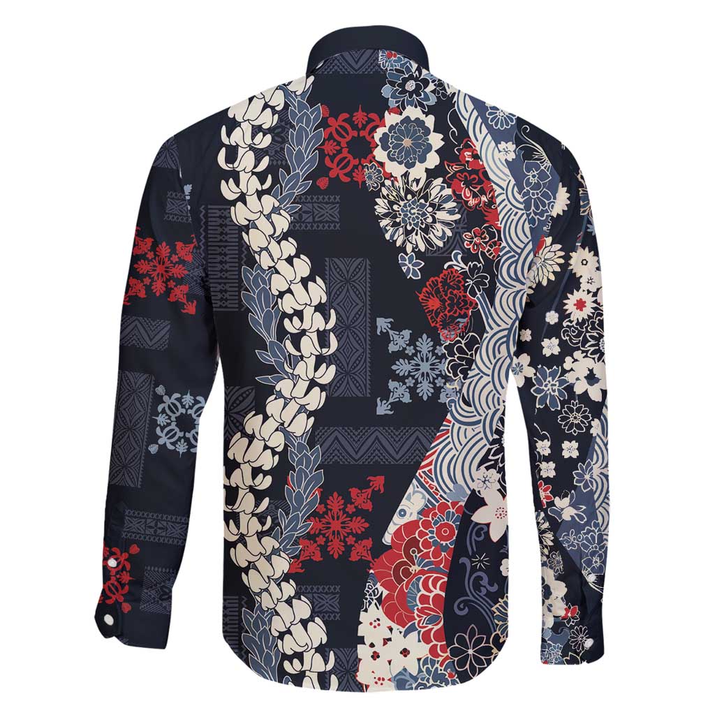 Hawaii Puakenikeni and Maile Lei Family Matching Long Sleeve Bodycon Dress and Hawaiian Shirt Navy Blue Japanese Wave Style - Polynesian Pride