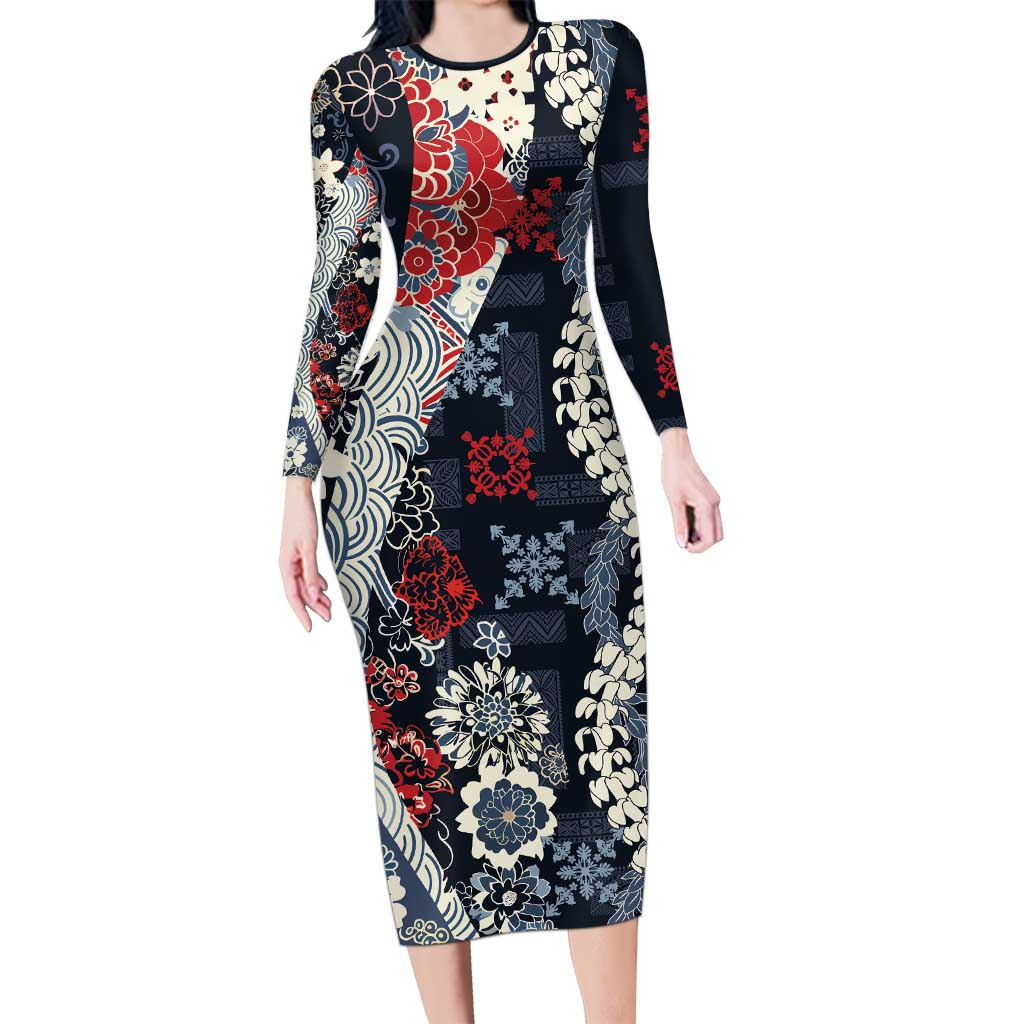 Hawaii Puakenikeni and Maile Lei Family Matching Long Sleeve Bodycon Dress and Hawaiian Shirt Navy Blue Japanese Wave Style - Polynesian Pride