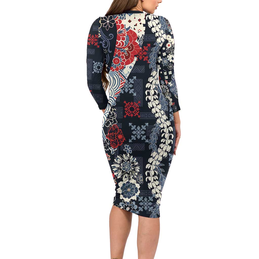 Hawaii Puakenikeni and Maile Lei Family Matching Long Sleeve Bodycon Dress and Hawaiian Shirt Navy Blue Japanese Wave Style - Polynesian Pride