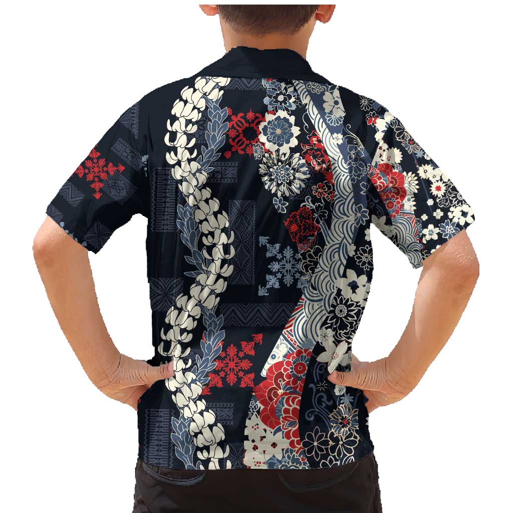 Hawaii Puakenikeni and Maile Lei Family Matching Mermaid Dress and Hawaiian Shirt Navy Blue Japanese Wave Style - Polynesian Pride