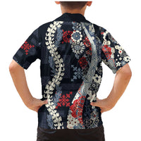 Hawaii Puakenikeni and Maile Lei Family Matching Mermaid Dress and Hawaiian Shirt Navy Blue Japanese Wave Style - Polynesian Pride