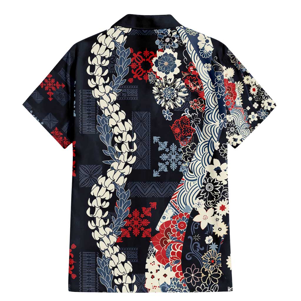 Hawaii Puakenikeni and Maile Lei Family Matching Mermaid Dress and Hawaiian Shirt Navy Blue Japanese Wave Style - Polynesian Pride