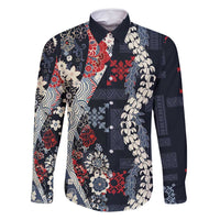 Hawaii Puakenikeni and Maile Lei Family Matching Mermaid Dress and Hawaiian Shirt Navy Blue Japanese Wave Style - Polynesian Pride