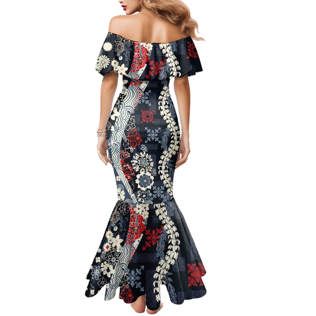 Hawaii Puakenikeni and Maile Lei Family Matching Mermaid Dress and Hawaiian Shirt Navy Blue Japanese Wave Style - Polynesian Pride