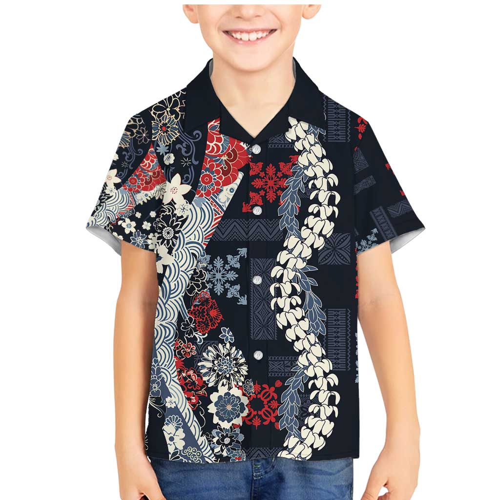 Hawaii Puakenikeni and Maile Lei Family Matching Mermaid Dress and Hawaiian Shirt Navy Blue Japanese Wave Style - Polynesian Pride