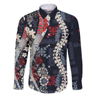 Hawaii Puakenikeni and Maile Lei Family Matching Off The Shoulder Long Sleeve Dress and Hawaiian Shirt Navy Blue Japanese Wave Style - Polynesian Pride