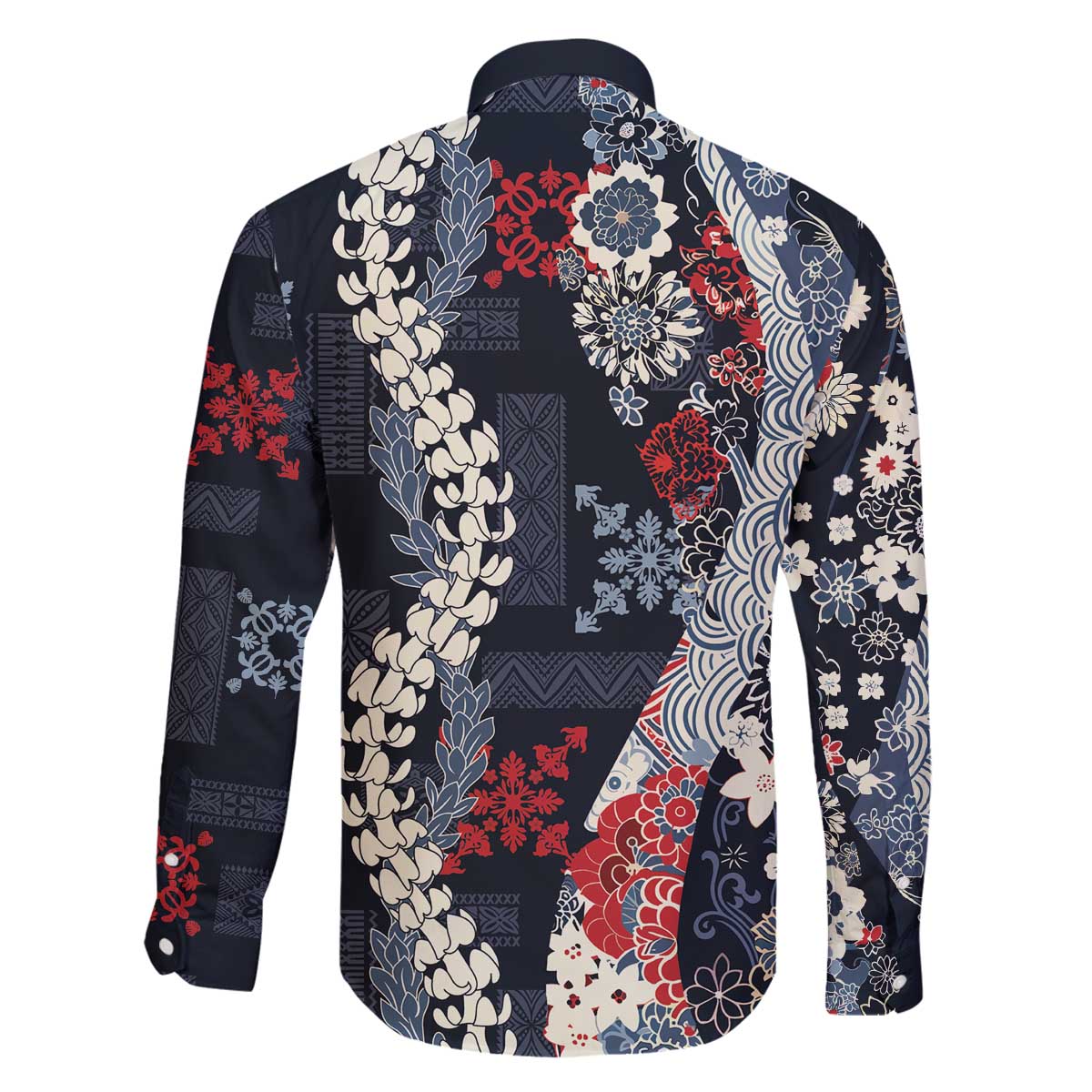 Hawaii Puakenikeni and Maile Lei Family Matching Off The Shoulder Long Sleeve Dress and Hawaiian Shirt Navy Blue Japanese Wave Style - Polynesian Pride