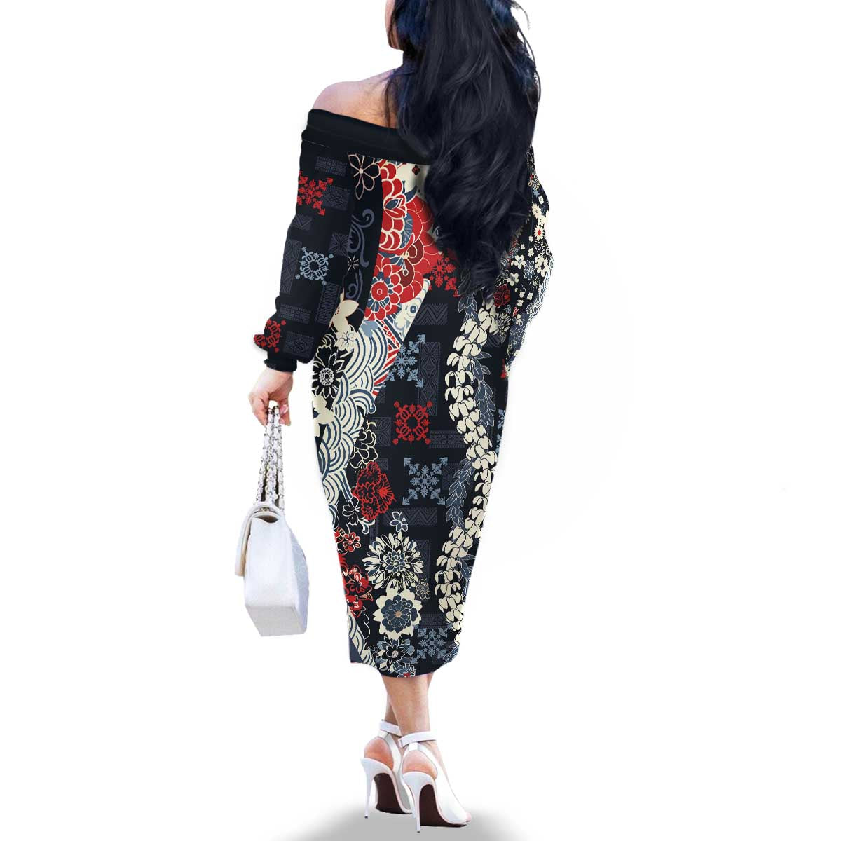 Hawaii Puakenikeni and Maile Lei Family Matching Off The Shoulder Long Sleeve Dress and Hawaiian Shirt Navy Blue Japanese Wave Style - Polynesian Pride