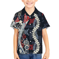 Hawaii Puakenikeni and Maile Lei Family Matching Off The Shoulder Long Sleeve Dress and Hawaiian Shirt Navy Blue Japanese Wave Style - Polynesian Pride