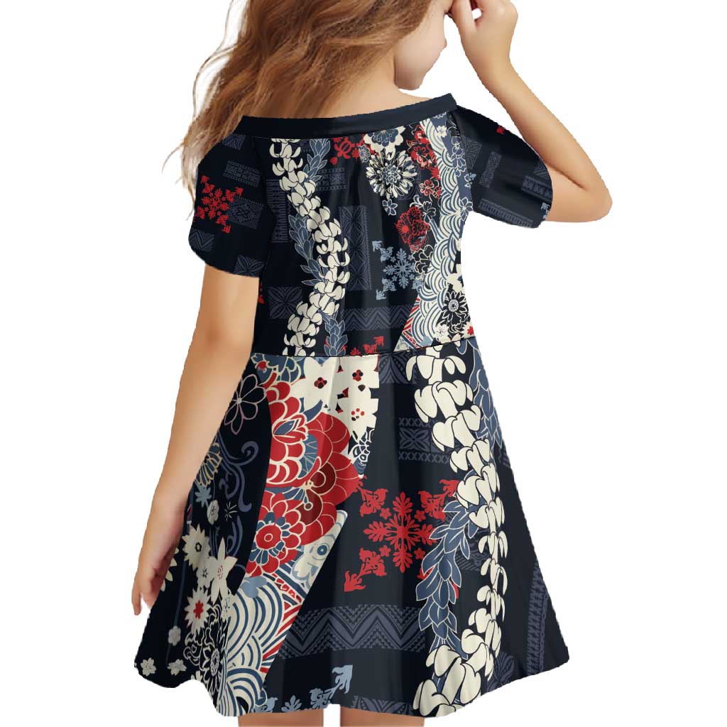 Hawaii Puakenikeni and Maile Lei Family Matching Off Shoulder Maxi Dress and Hawaiian Shirt Navy Blue Japanese Wave Style - Polynesian Pride