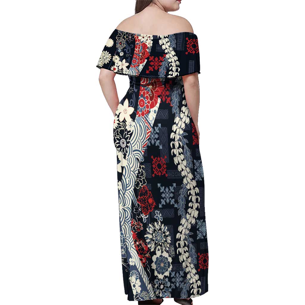 Hawaii Puakenikeni and Maile Lei Family Matching Off Shoulder Maxi Dress and Hawaiian Shirt Navy Blue Japanese Wave Style - Polynesian Pride