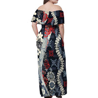 Hawaii Puakenikeni and Maile Lei Family Matching Off Shoulder Maxi Dress and Hawaiian Shirt Navy Blue Japanese Wave Style - Polynesian Pride