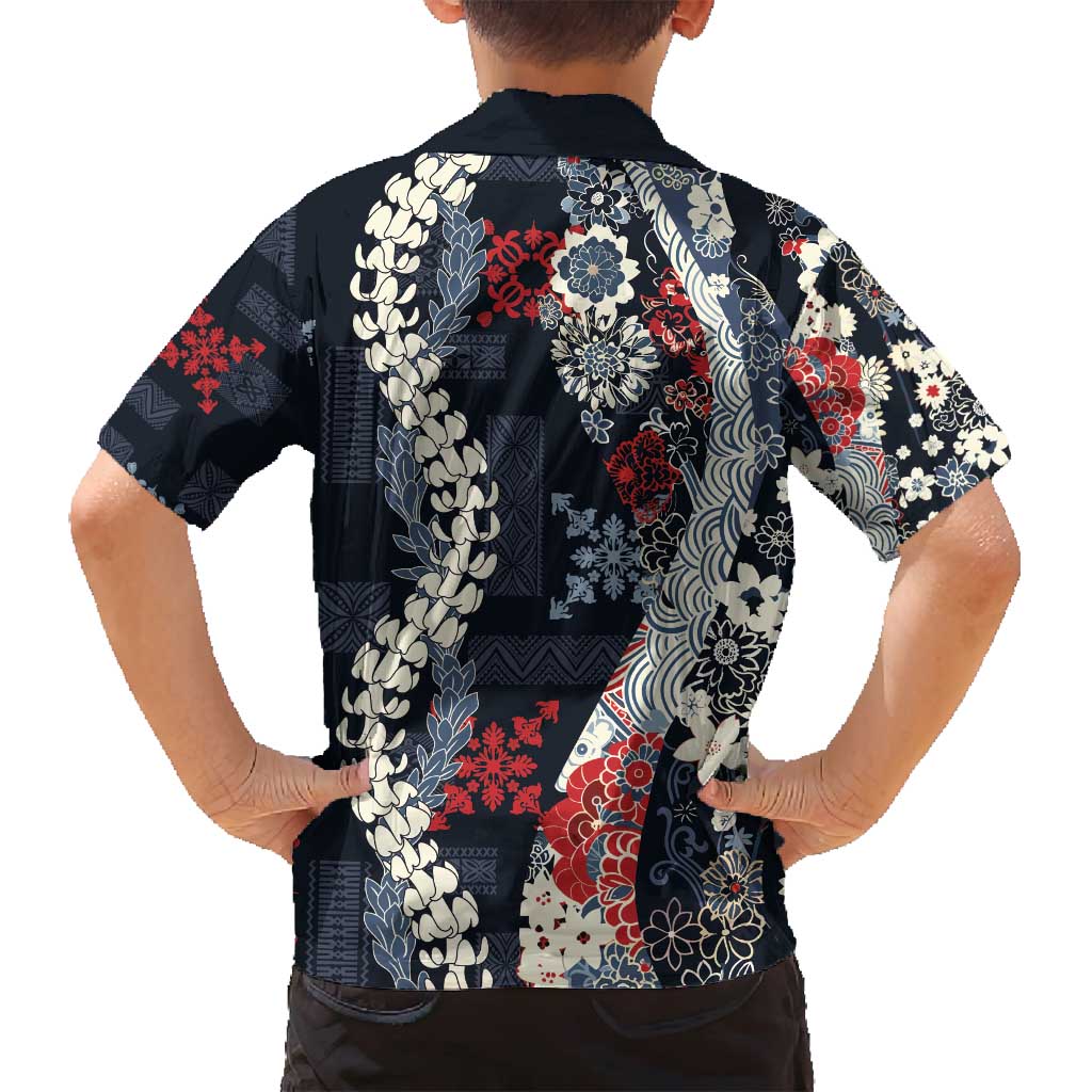 Hawaii Puakenikeni and Maile Lei Family Matching Off Shoulder Short Dress and Hawaiian Shirt Navy Blue Japanese Wave Style - Polynesian Pride