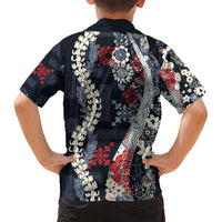 Hawaii Puakenikeni and Maile Lei Family Matching Off Shoulder Short Dress and Hawaiian Shirt Navy Blue Japanese Wave Style - Polynesian Pride