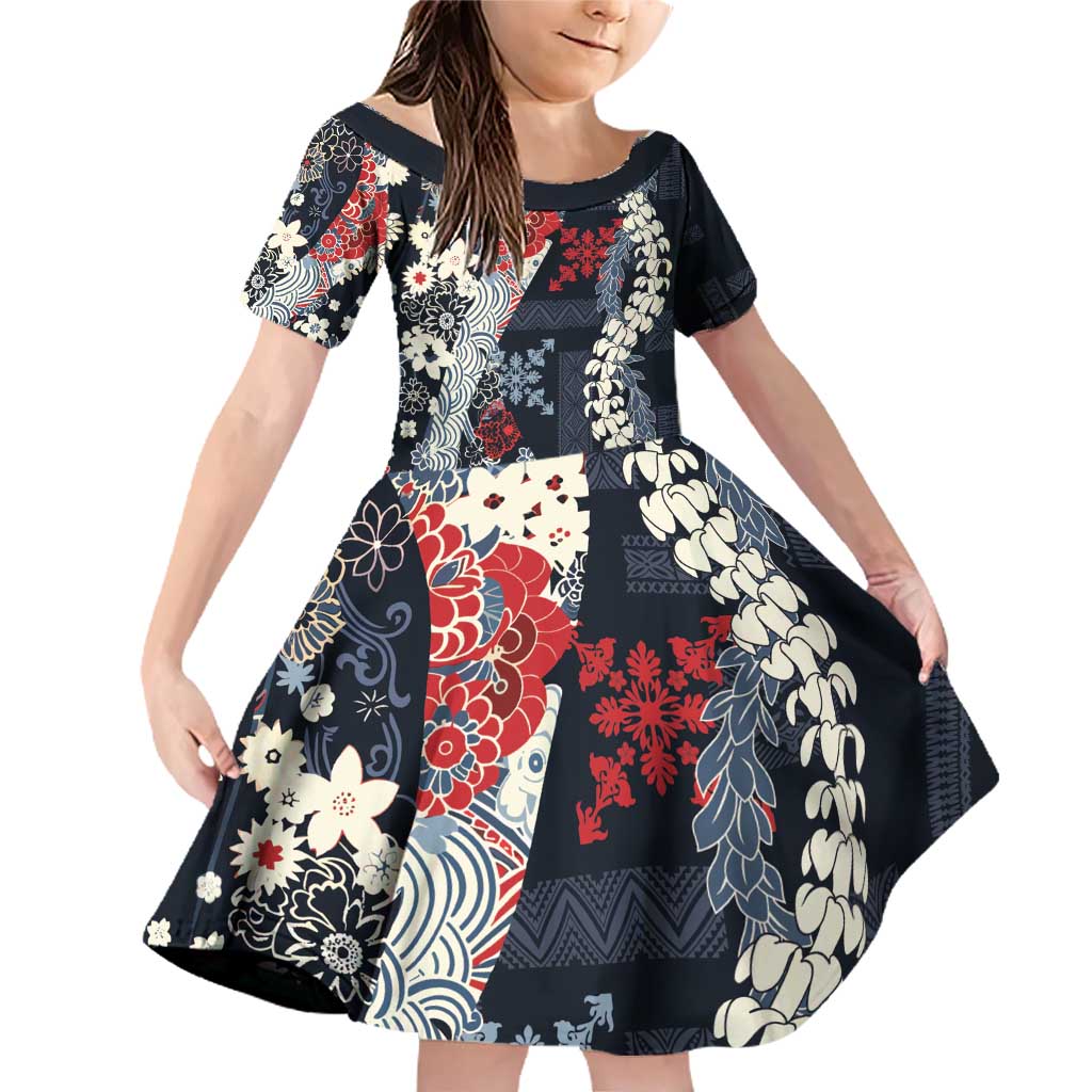 Hawaii Puakenikeni and Maile Lei Family Matching Off Shoulder Short Dress and Hawaiian Shirt Navy Blue Japanese Wave Style - Polynesian Pride