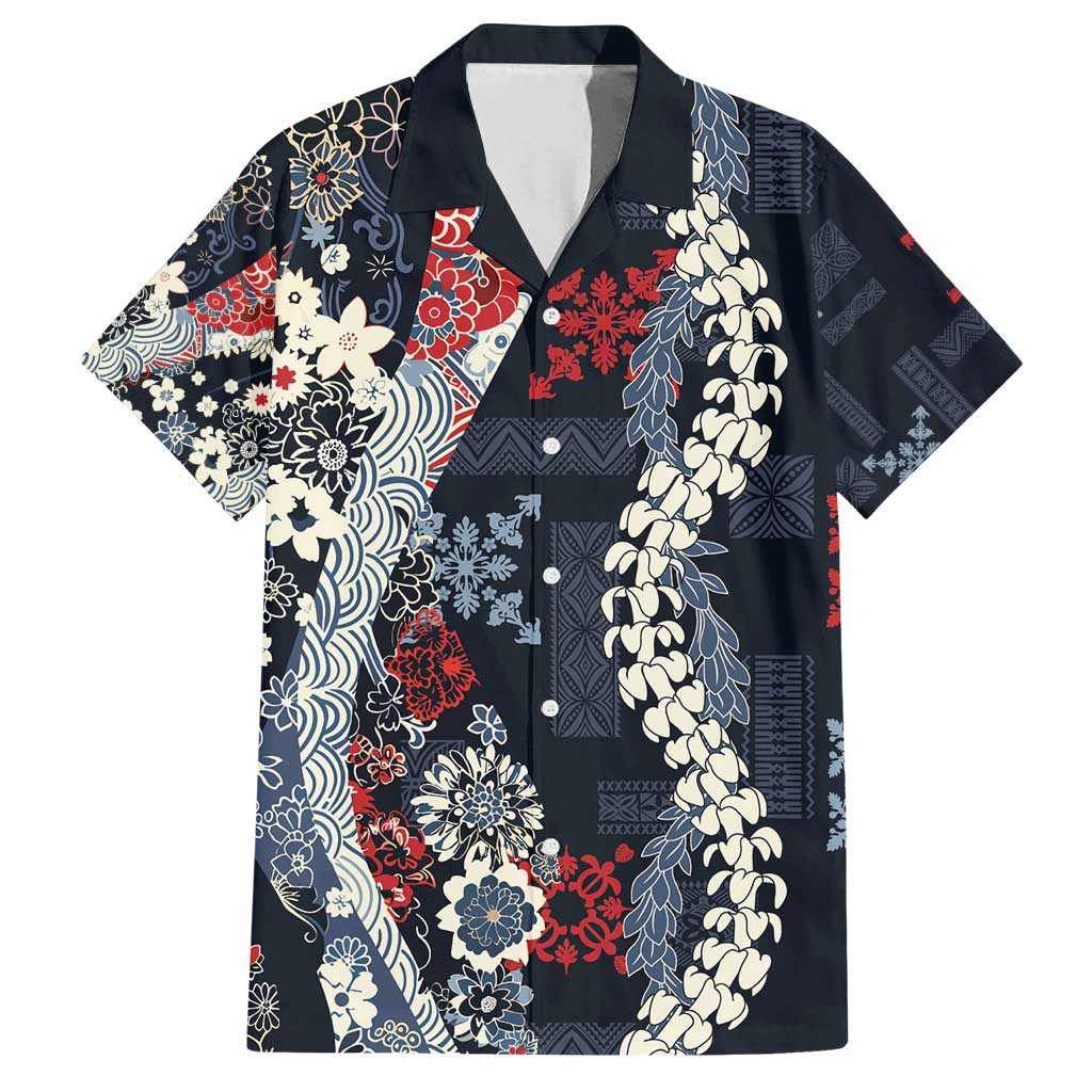 Hawaii Puakenikeni and Maile Lei Family Matching Off Shoulder Short Dress and Hawaiian Shirt Navy Blue Japanese Wave Style - Polynesian Pride