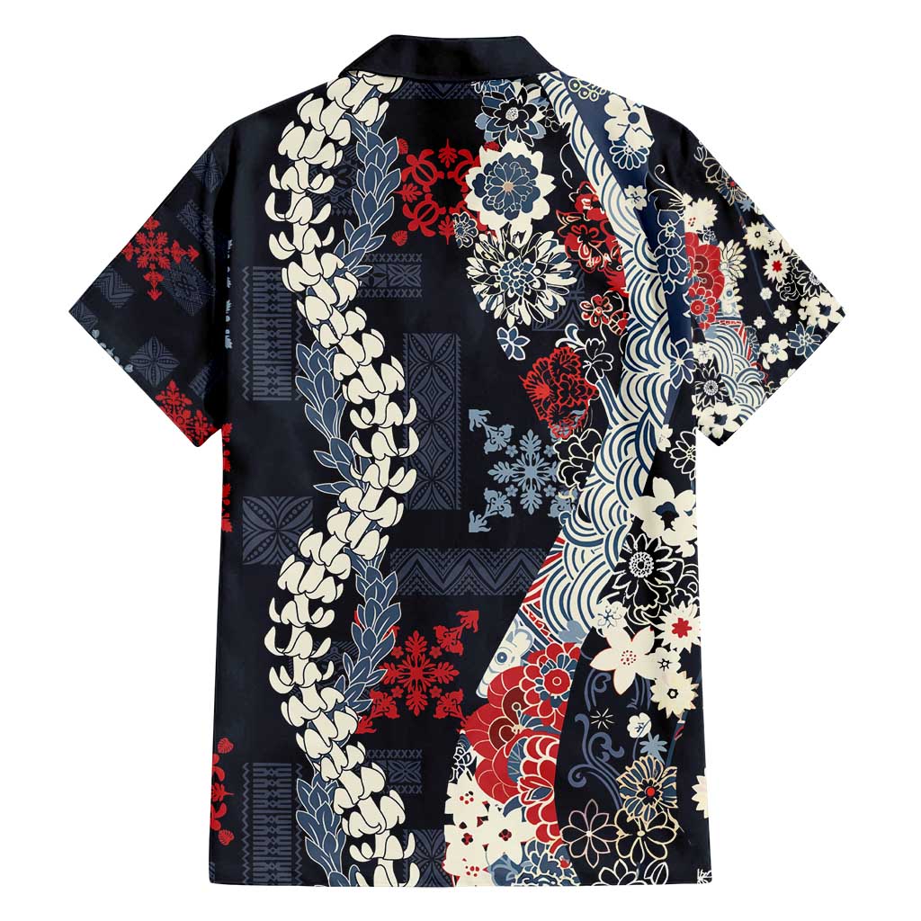 Hawaii Puakenikeni and Maile Lei Family Matching Off Shoulder Short Dress and Hawaiian Shirt Navy Blue Japanese Wave Style - Polynesian Pride