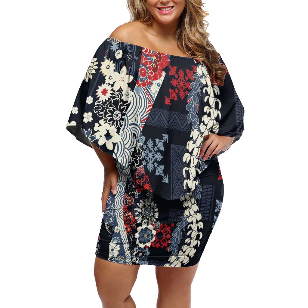 Hawaii Puakenikeni and Maile Lei Family Matching Off Shoulder Short Dress and Hawaiian Shirt Navy Blue Japanese Wave Style - Polynesian Pride