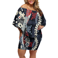 Hawaii Puakenikeni and Maile Lei Family Matching Off Shoulder Short Dress and Hawaiian Shirt Navy Blue Japanese Wave Style - Polynesian Pride