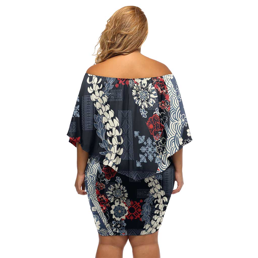 Hawaii Puakenikeni and Maile Lei Family Matching Off Shoulder Short Dress and Hawaiian Shirt Navy Blue Japanese Wave Style - Polynesian Pride