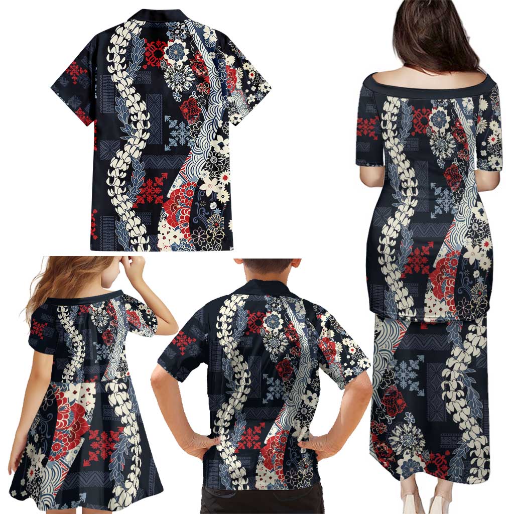 Hawaii Puakenikeni and Maile Lei Family Matching Puletasi and Hawaiian Shirt Navy Blue Japanese Wave Style - Polynesian Pride