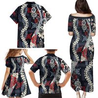 Hawaii Puakenikeni and Maile Lei Family Matching Puletasi and Hawaiian Shirt Navy Blue Japanese Wave Style - Polynesian Pride