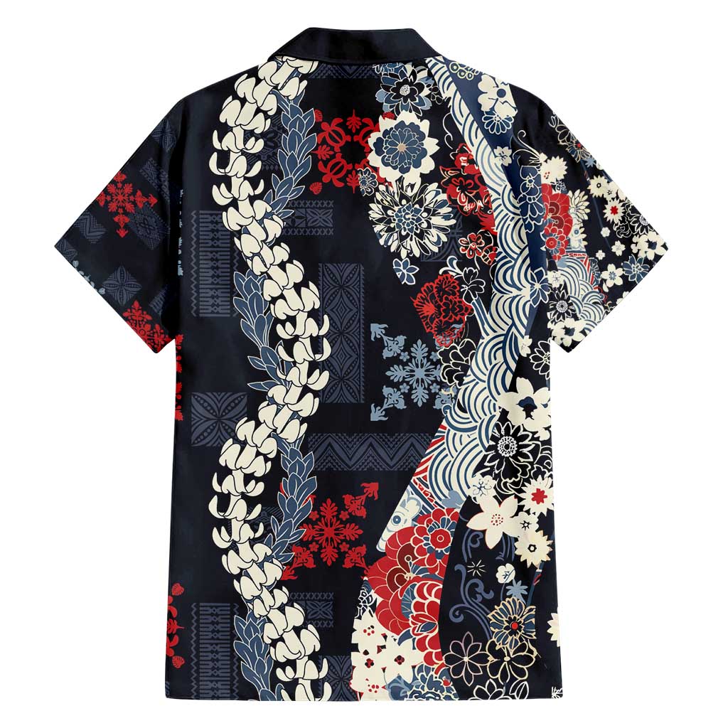 Hawaii Puakenikeni and Maile Lei Family Matching Short Sleeve Bodycon Dress and Hawaiian Shirt Navy Blue Japanese Wave Style - Polynesian Pride