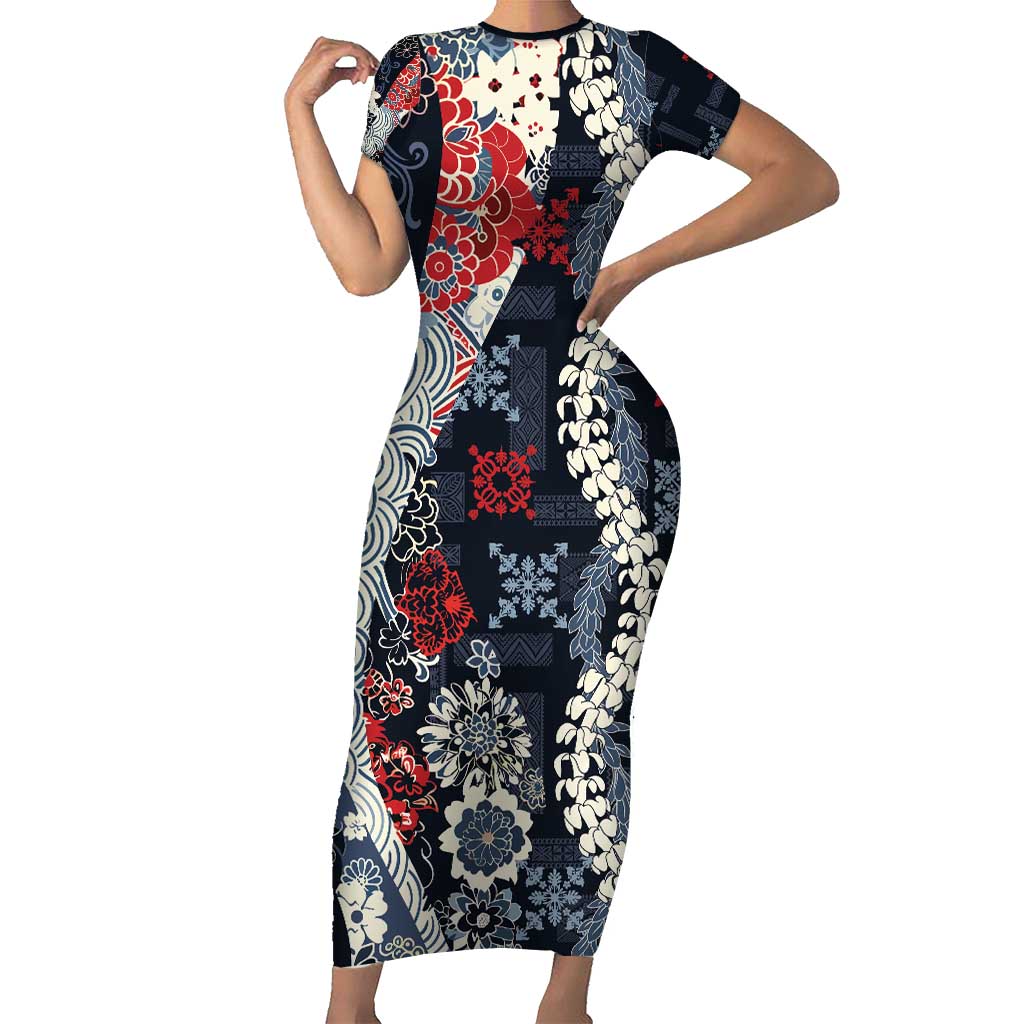 Hawaii Puakenikeni and Maile Lei Family Matching Short Sleeve Bodycon Dress and Hawaiian Shirt Navy Blue Japanese Wave Style - Polynesian Pride