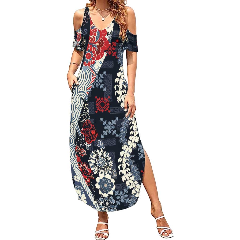 Hawaii Puakenikeni and Maile Lei Family Matching Summer Maxi Dress and Hawaiian Shirt Navy Blue Japanese Wave Style - Polynesian Pride