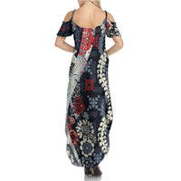 Hawaii Puakenikeni and Maile Lei Family Matching Summer Maxi Dress and Hawaiian Shirt Navy Blue Japanese Wave Style - Polynesian Pride