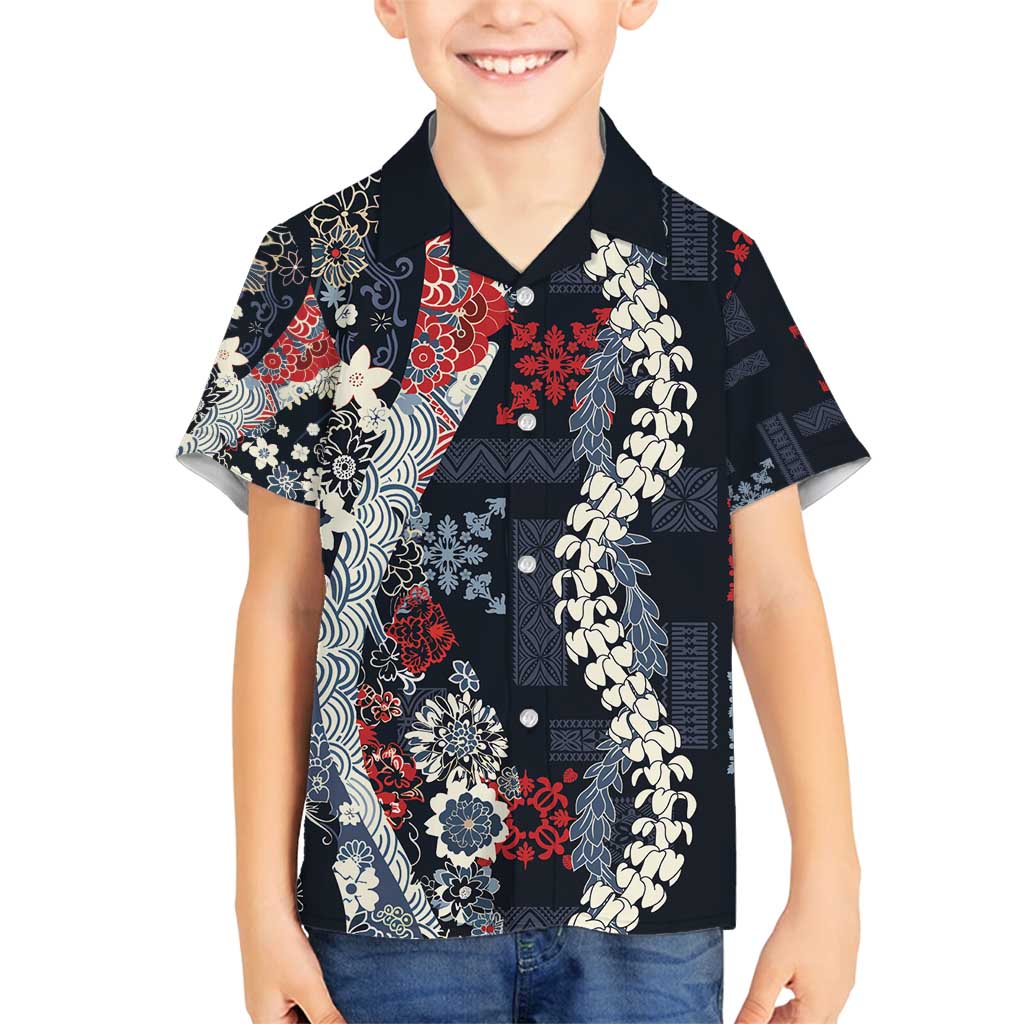 Hawaii Puakenikeni and Maile Lei Family Matching Summer Maxi Dress and Hawaiian Shirt Navy Blue Japanese Wave Style - Polynesian Pride