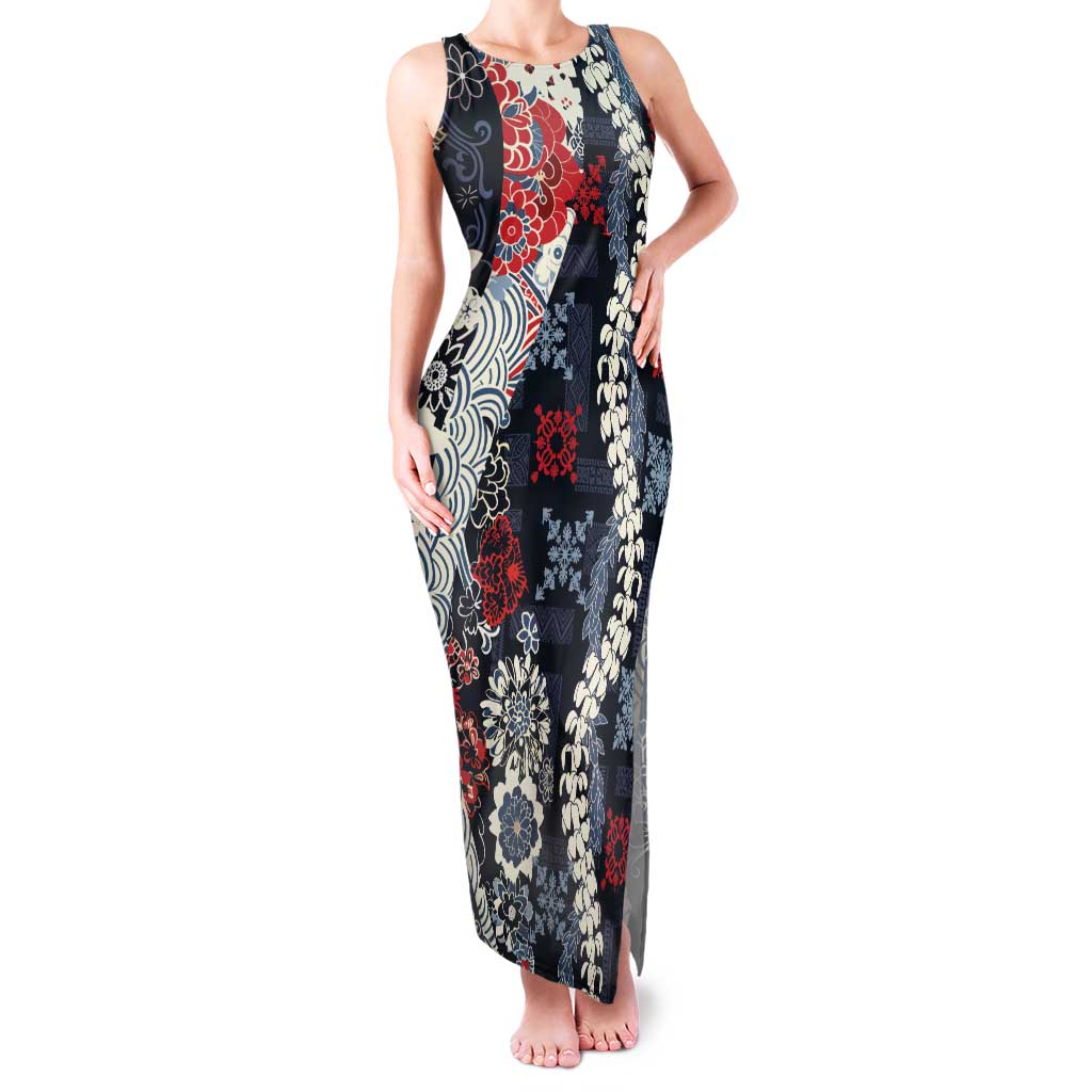 Hawaii Puakenikeni and Maile Lei Family Matching Tank Maxi Dress and Hawaiian Shirt Navy Blue Japanese Wave Style - Polynesian Pride